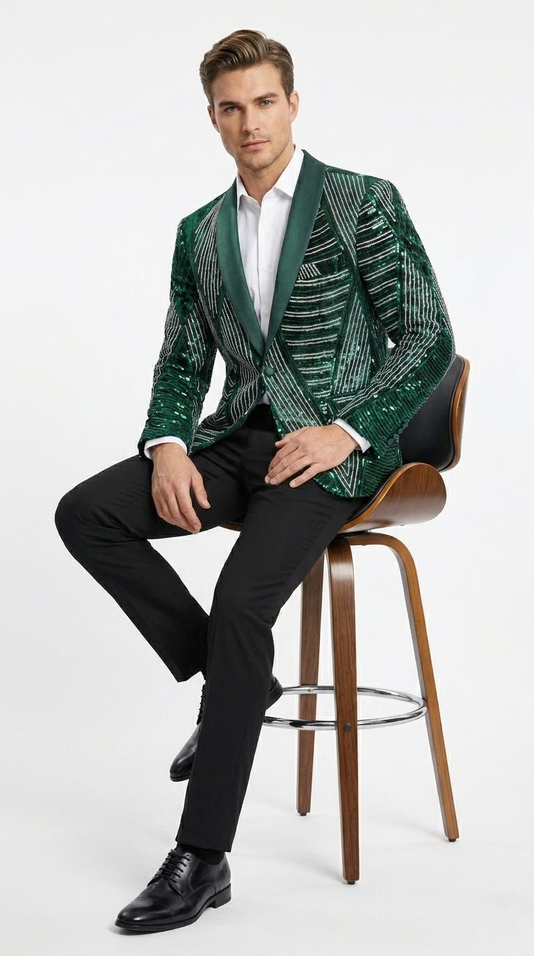Mens Green Sequin Christmas Holiday Blazer – Luxury Party Jacket for New Year, Wedding and Festive Events New Year Jacket - 34 Short