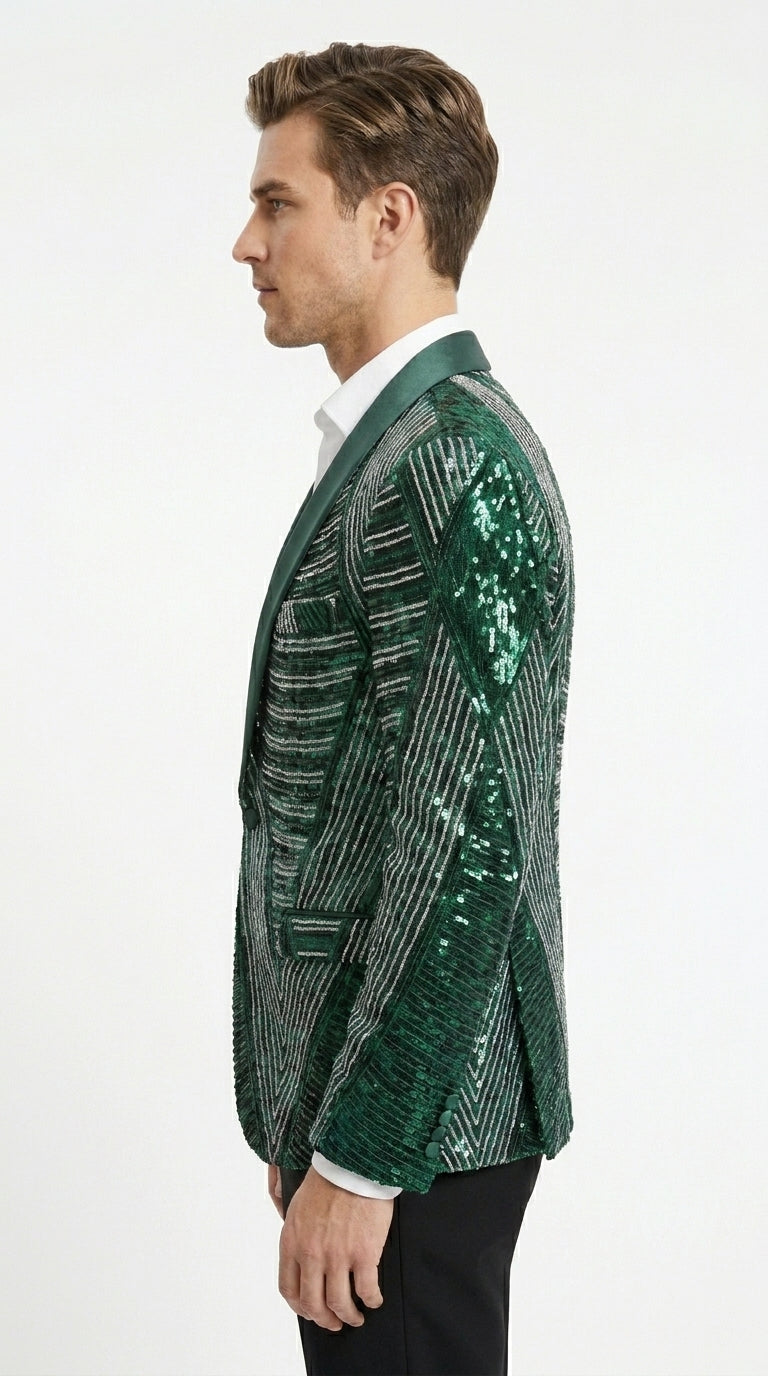 Mens Green Sequin Christmas Holiday Blazer – Luxury Party Jacket for New Year, Wedding and Festive Events New Year Jacket - 34 Short