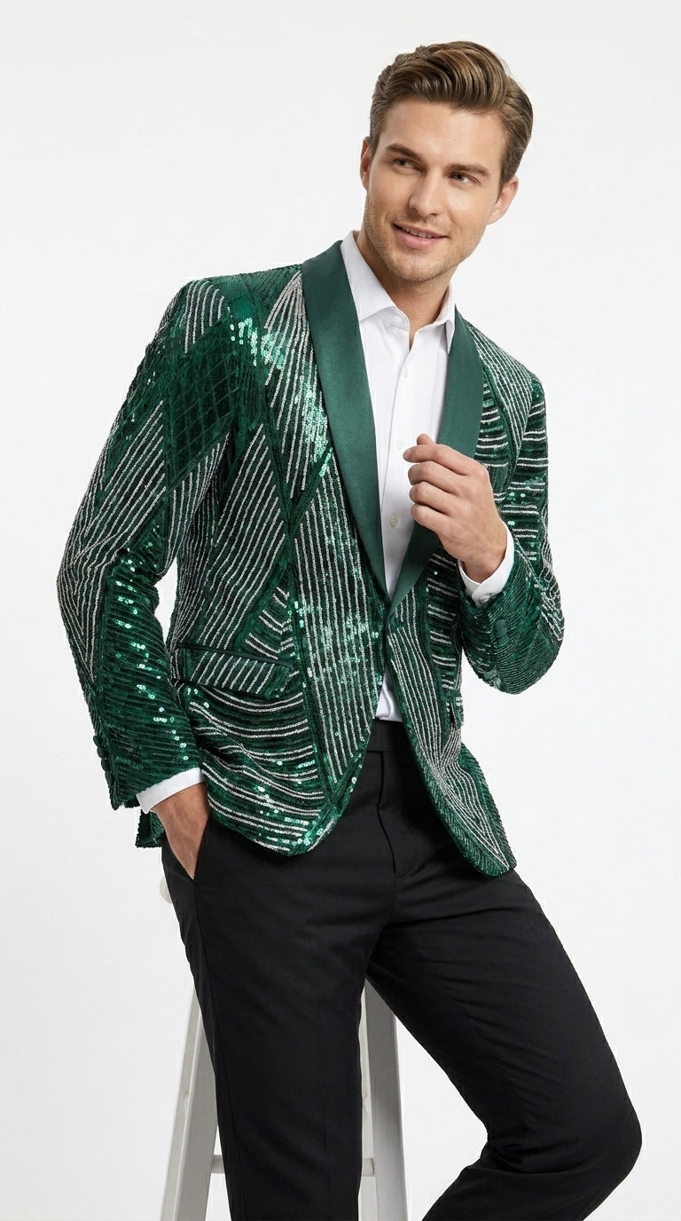 Mens Green Sequin Christmas Holiday Blazer – Luxury Party Jacket for New Year, Wedding and Festive Events New Year Jacket - 34 Short