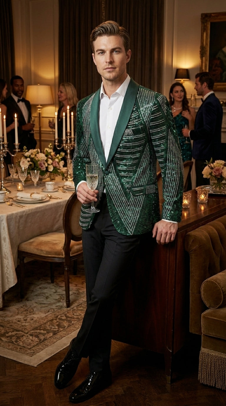 Mens Green Sequin Christmas Holiday Blazer – Luxury Party Jacket for New Year, Wedding and Festive Events New Year Jacket - 34 Short
