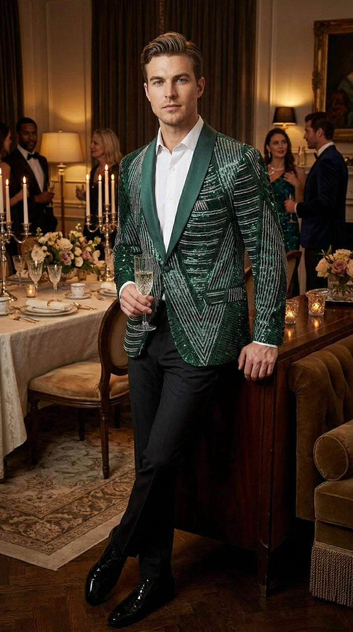Mens Green Sequin Christmas Holiday Blazer – Luxury Party Jacket for New Year, Wedding and Festive Events New Year Jacket
