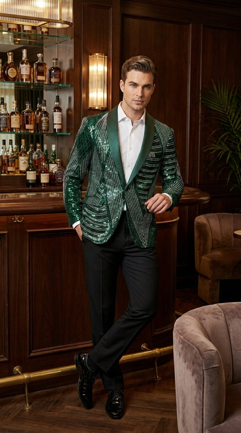 Mens Green Sequin Christmas Holiday Blazer – Luxury Party Jacket for New Year, Wedding and Festive Events New Year Jacket - 34 Short