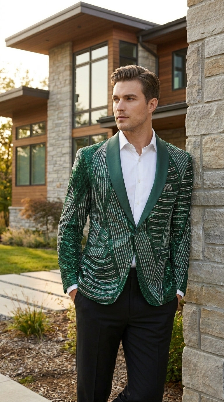 Mens Green Sequin Christmas Holiday Blazer – Luxury Party Jacket for New Year, Wedding and Festive Events New Year Jacket - 34 Short