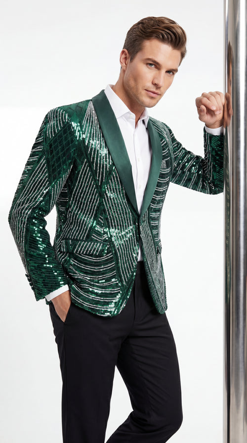 Mens Green Sequin Christmas Holiday Blazer – Luxury Party Jacket for New Year, Wedding and Festive Events New Year Jacket