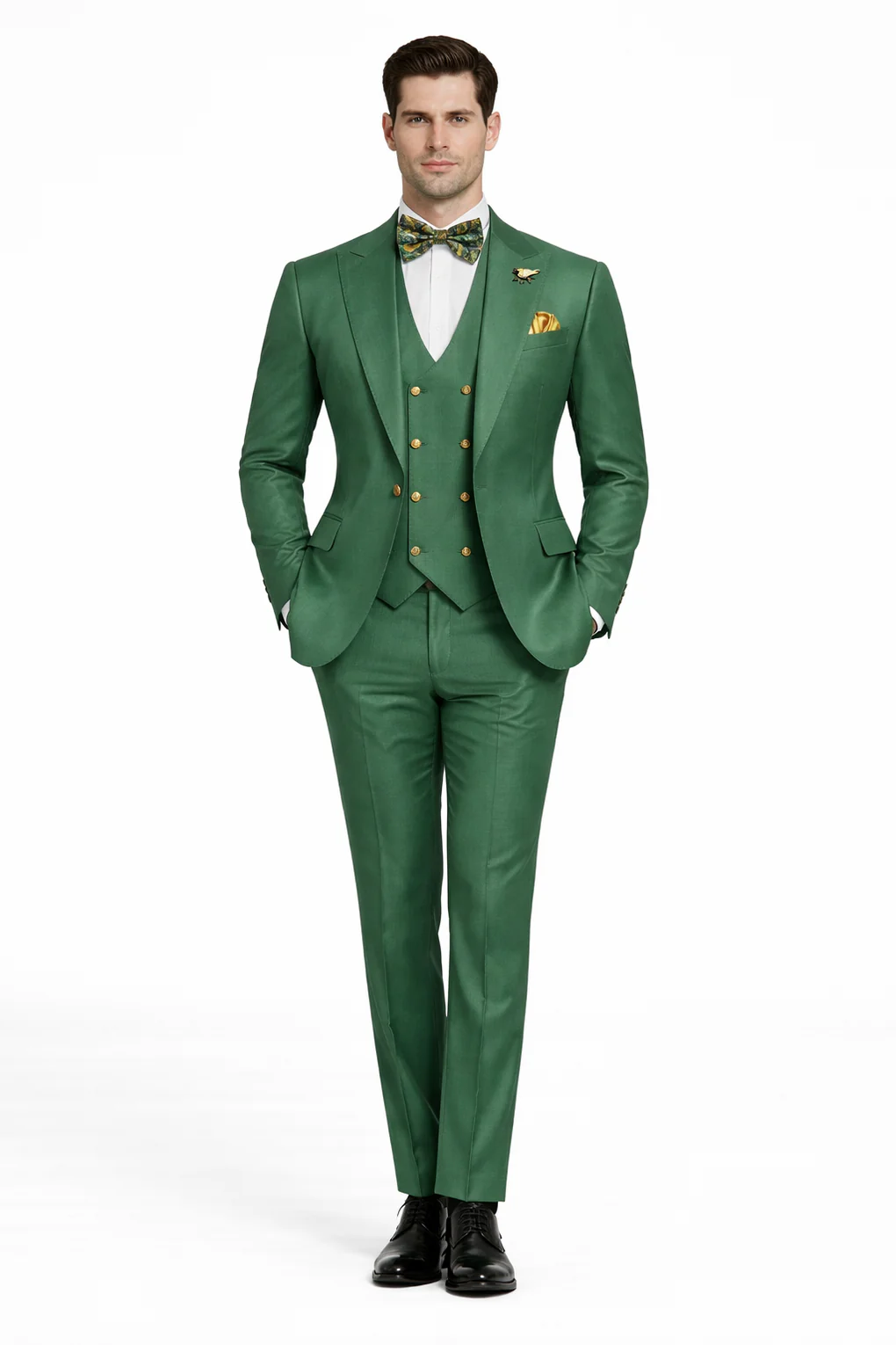 Menâ€™s Green Slim Fit Suit by Rossiman â€“ Stylish Double-Breasted Vest & Flat Front Pants - 36 Regular Jacket+30 Waist Adjustable 26to32)Height: 5'7"-6')(Neck: 14.5-16:S)