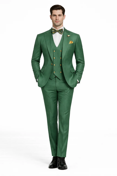 Mens Green Slim Fit Suit by Rossiman Stylish Double-Breasted Vest & Flat Front Pants
