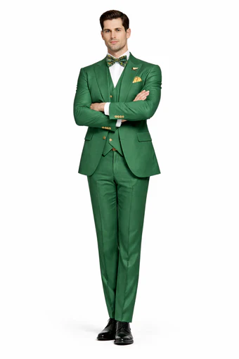 Mens Green Slim Fit Suit by Rossiman Stylish Double-Breasted Vest & Flat Front Pants
