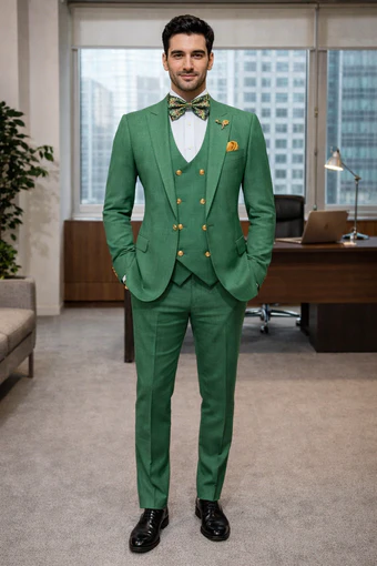 Mens Green Slim Fit Suit by Rossiman Stylish Double-Breasted Vest & Flat Front Pants