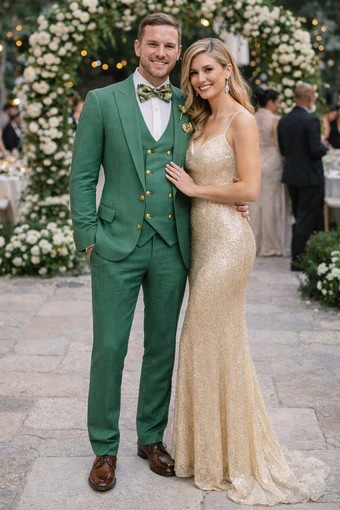 Menâ€™s Green Slim Fit Suit by Rossiman â€“ Stylish Double-Breasted Vest & Flat Front Pants - 36 Regular Jacket+30 Waist Adjustable 26to32)Height: 5'7"-6')(Neck: 14.5-16:S)