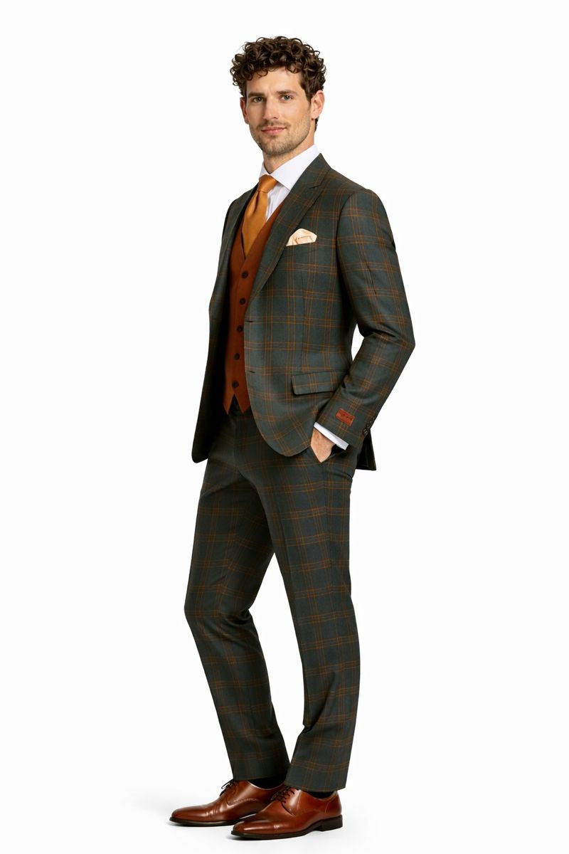 Mens Green Suit - Designer Brand Suit No Pleated Pants Modern Fit-New Designer Collection - 38 Long + 32 Waist(Adjust 2" Large and amp 4")