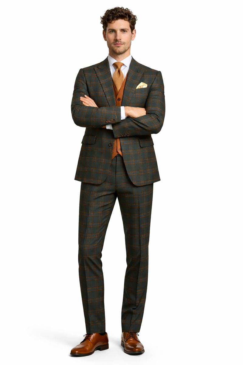 Mens Green Suit - Designer Brand Suit No Pleated Pants Modern Fit-New Designer Collection - 38 Long + 32 Waist(Adjust 2" Large and amp 4")