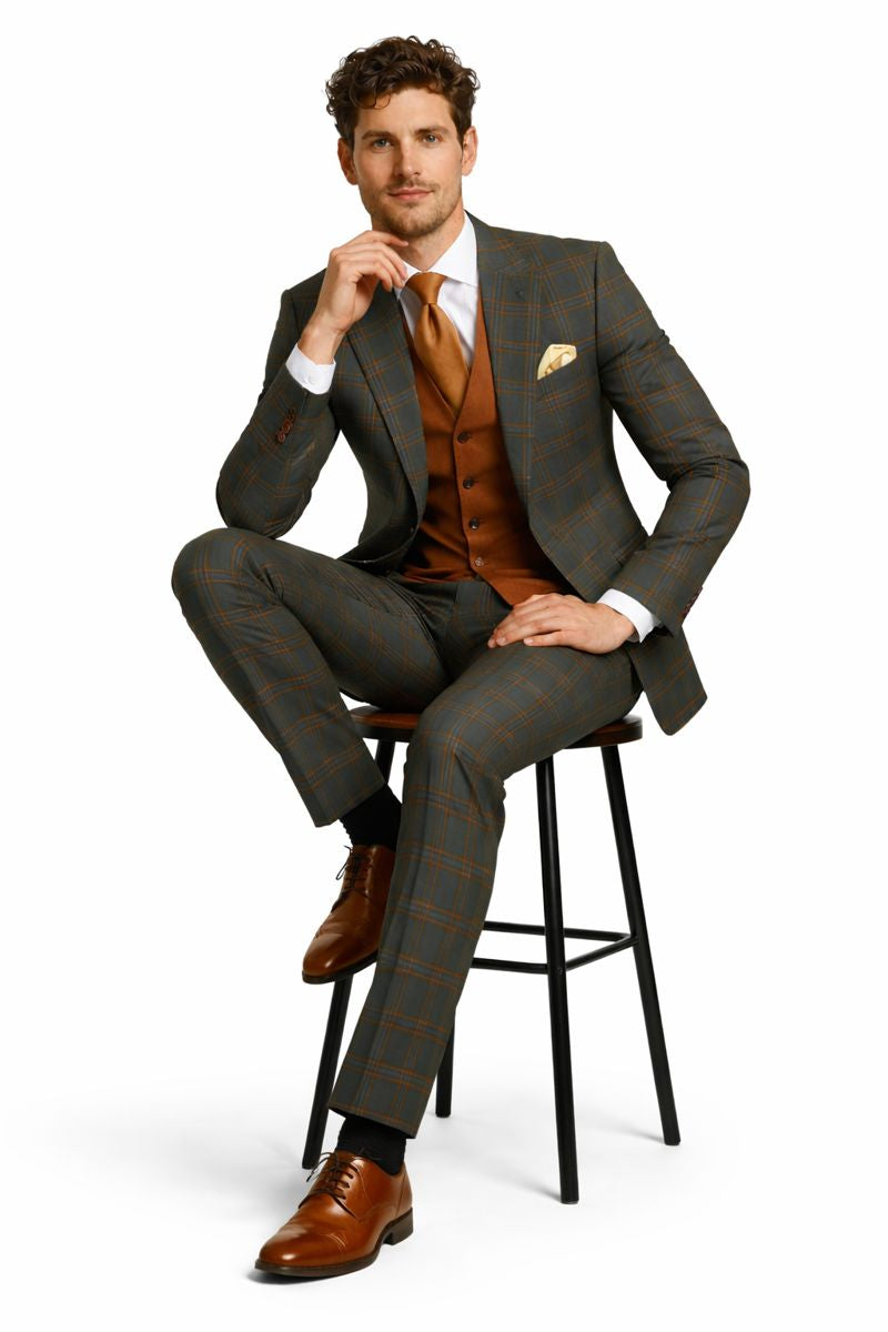 Mens Green Suit - Designer Brand Suit No Pleated Pants Modern Fit-New Designer Collection - 38 Long + 32 Waist(Adjust 2" Large and amp 4")