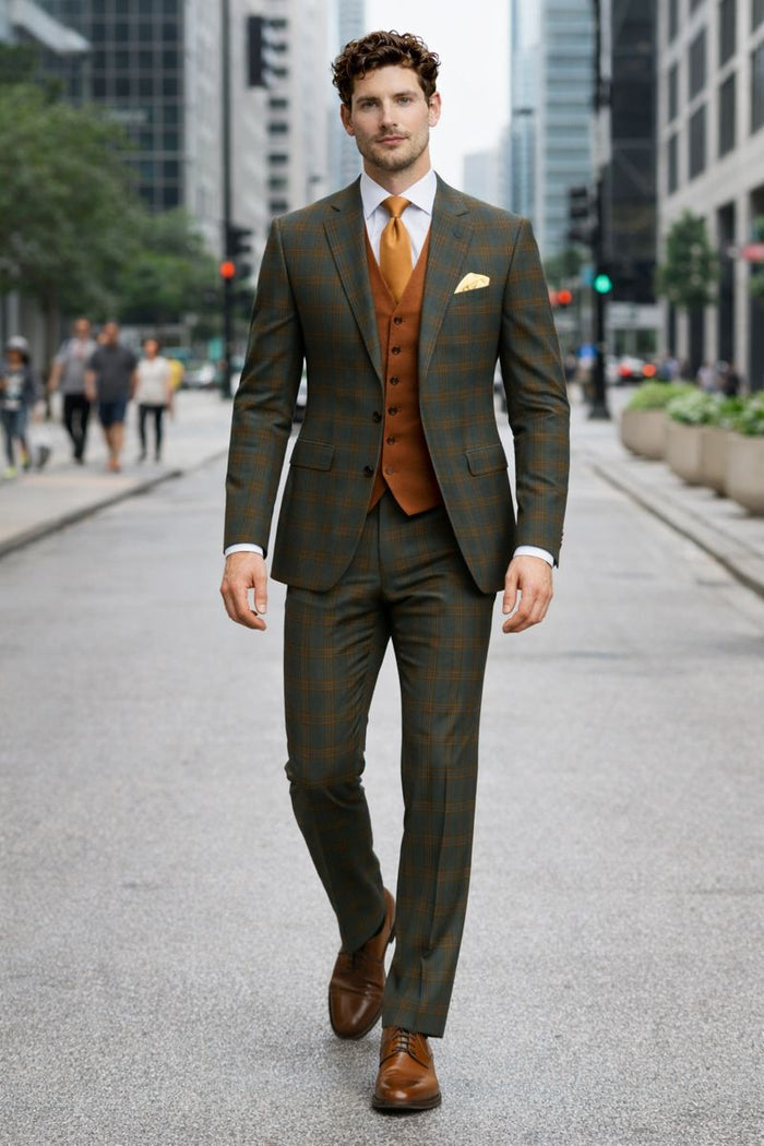 Mens Green Suit - Designer Brand Suit No Pleated Pants Modern Fit-New Designer Collection
