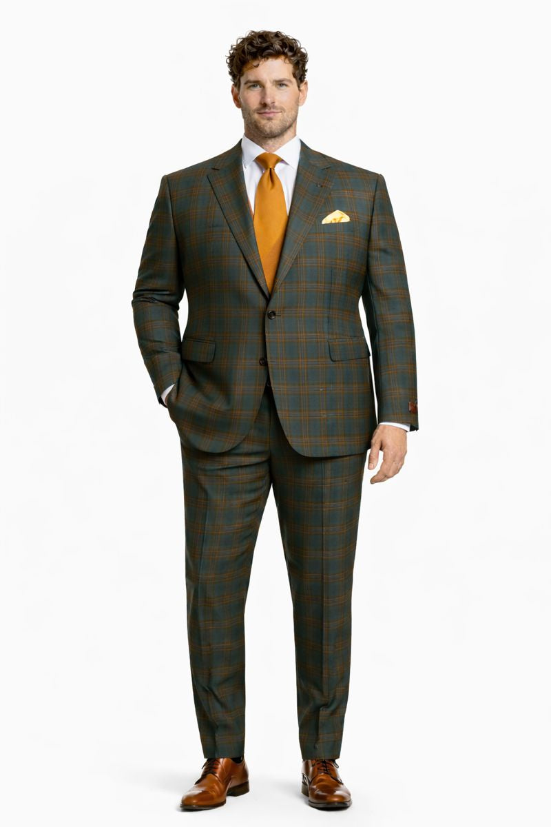 Mens Green Suit - Designer Brand Suit No Pleated Pants Modern Fit-New Designer Collection - 38 Long + 32 Waist(Adjust 2" Large and amp 4")