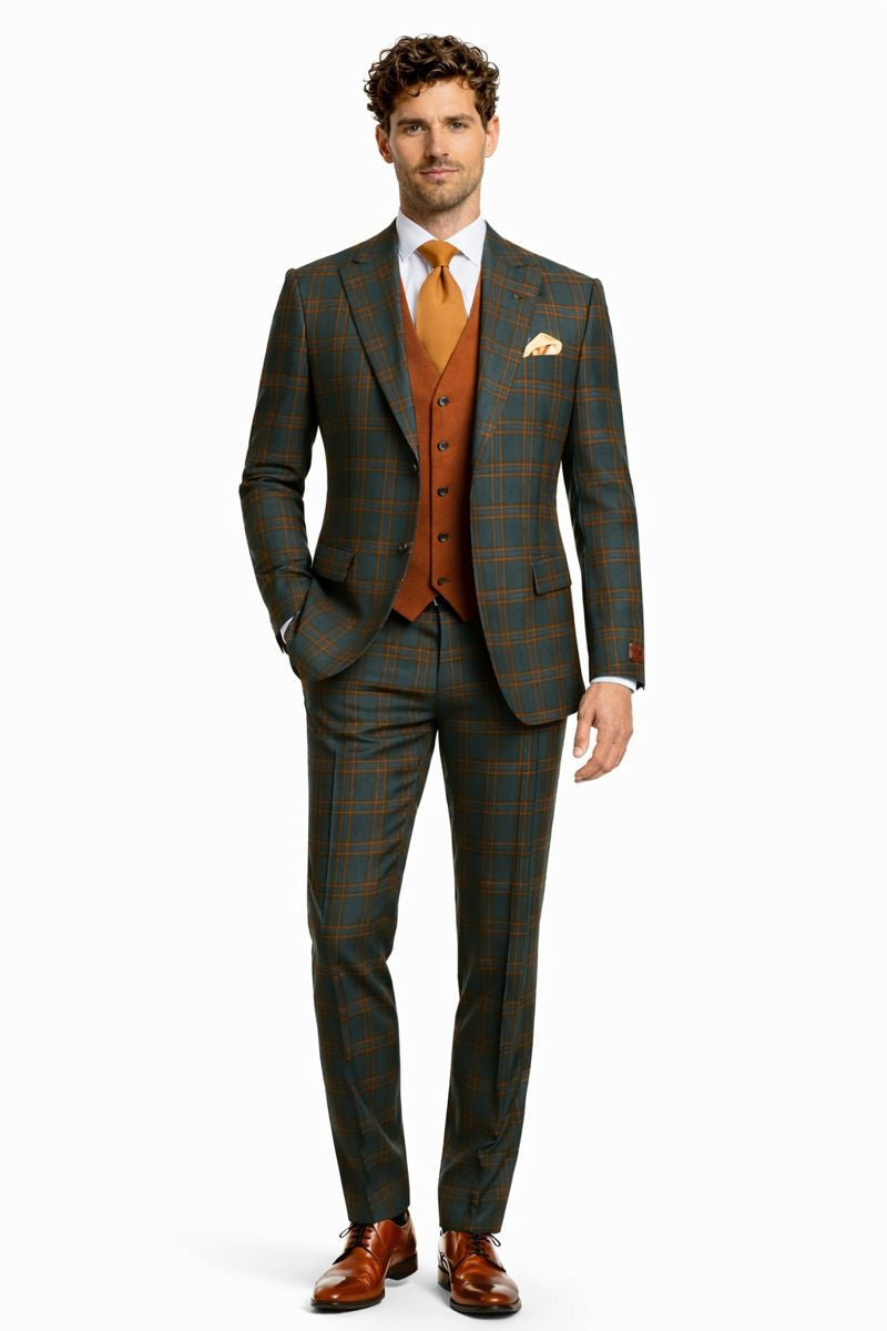 Mens Green Suit - Designer Brand Suit No Pleated Pants Modern Fit-New Designer Collection - 38 Long + 32 Waist(Adjust 2" Large and amp 4")