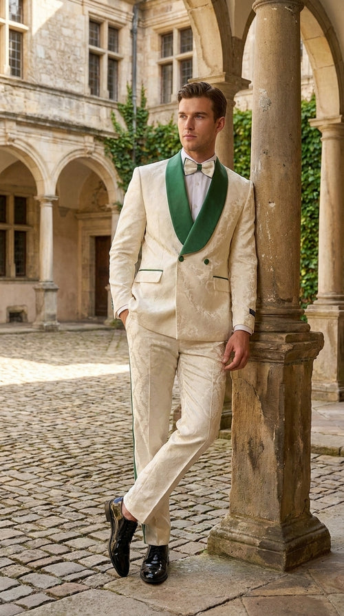 Mens Green & White Tuxedo Suit – White Floral Jacquard Wedding Suit with Green Shawl Lapel