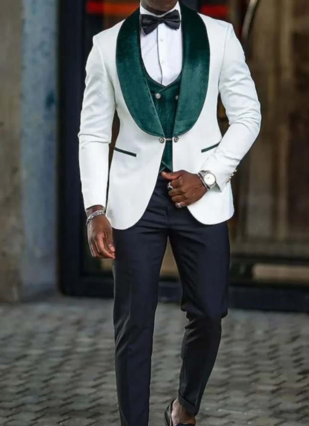 Mens Green & White Tuxedo with Black Pants – Velvet Shawl Lapel 3-Piece Wedding Suit - 34 Short or Extra Small