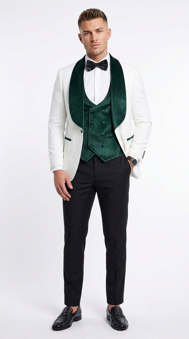 Mens Green & White Tuxedo with Black Pants – Velvet Shawl Lapel 3-Piece Wedding Suit - 34 Short or Extra Small