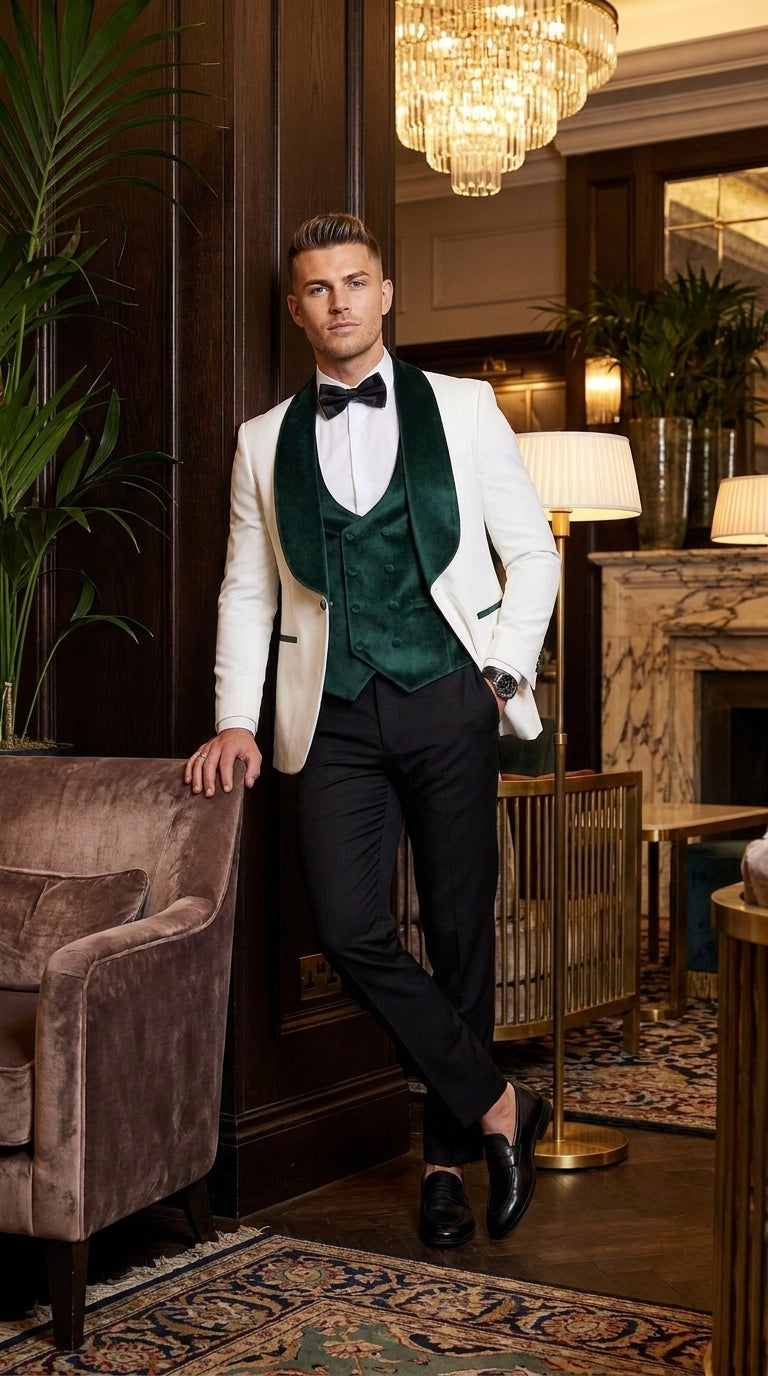 Mens Green & White Tuxedo with Black Pants – Velvet Shawl Lapel 3-Piece Wedding Suit - 34 Short or Extra Small