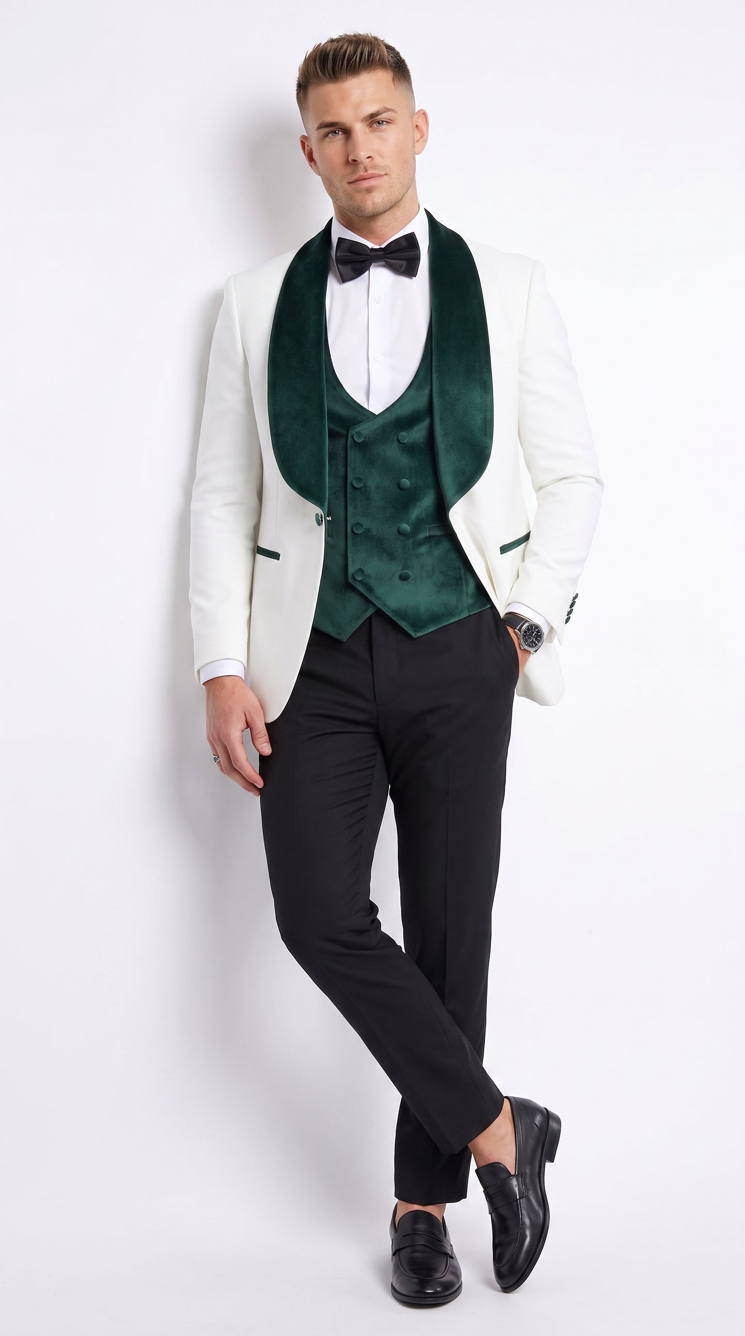 Mens Green & White Tuxedo with Black Pants – Velvet Shawl Lapel 3-Piece Wedding Suit - 34 Short or Extra Small