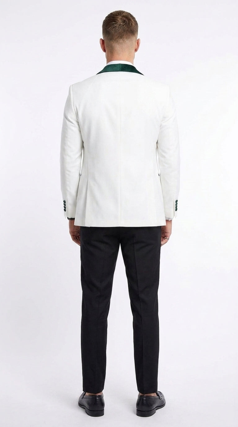 Mens Green & White Tuxedo with Black Pants – Velvet Shawl Lapel 3-Piece Wedding Suit - 34 Short or Extra Small
