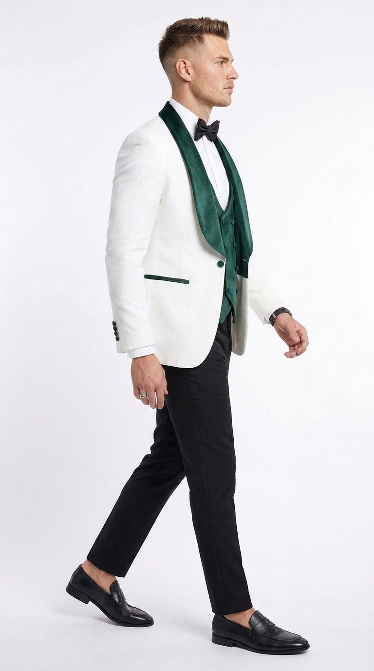 Mens Green & White Tuxedo with Black Pants – Velvet Shawl Lapel 3-Piece Wedding Suit - 34 Short or Extra Small