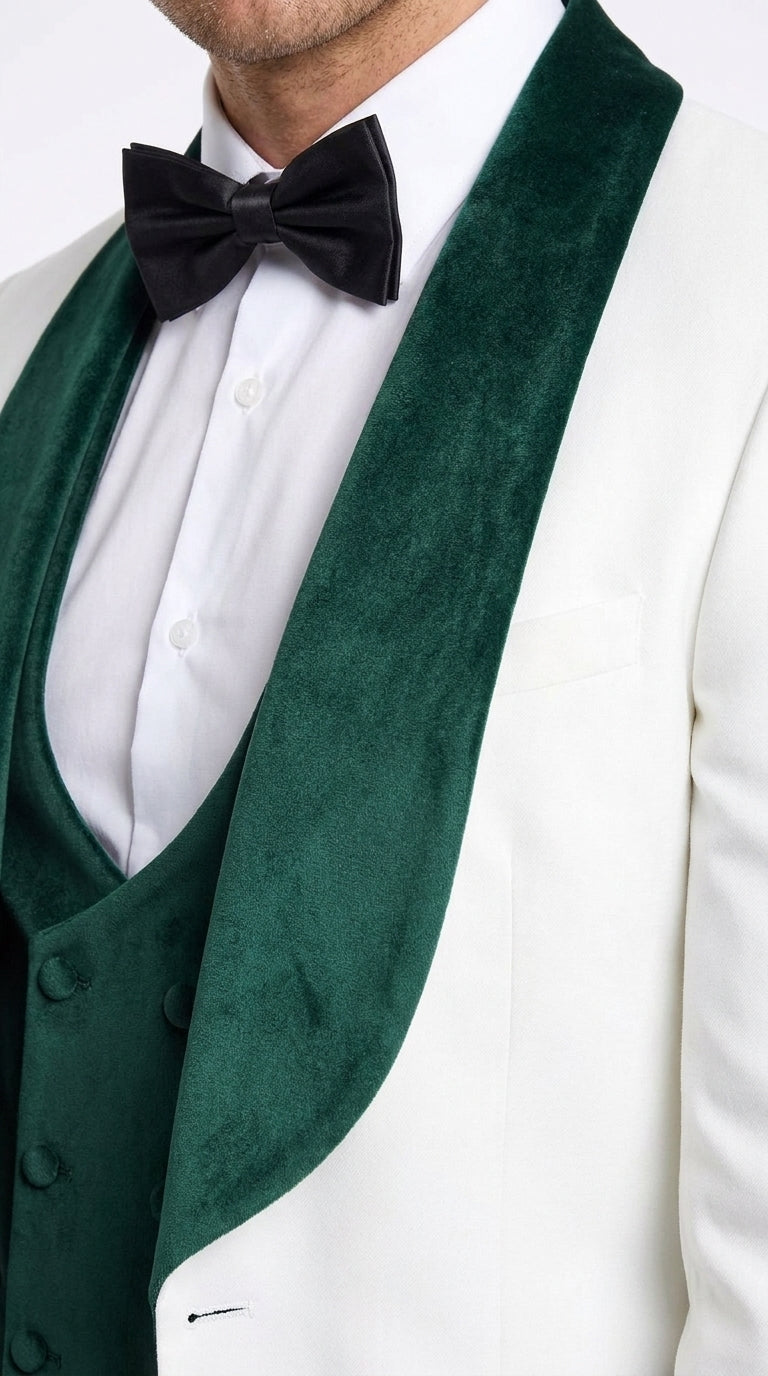 Mens Green & White Tuxedo with Black Pants – Velvet Shawl Lapel 3-Piece Wedding Suit - 34 Short or Extra Small