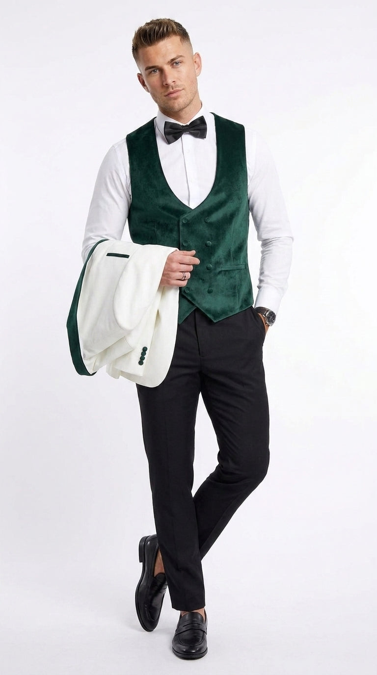 Mens Green & White Tuxedo with Black Pants – Velvet Shawl Lapel 3-Piece Wedding Suit - 34 Short or Extra Small