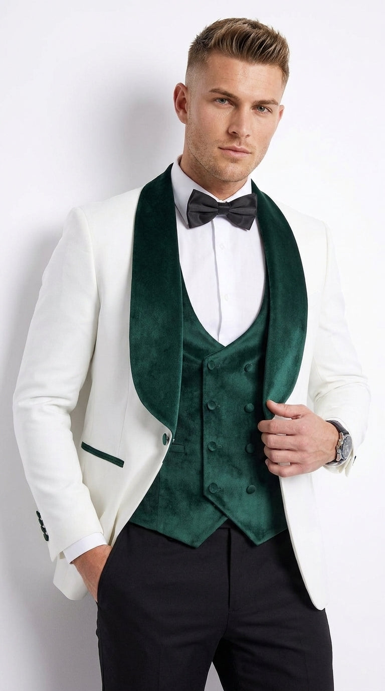 Mens Green & White Tuxedo with Black Pants – Velvet Shawl Lapel 3-Piece Wedding Suit - 34 Short or Extra Small