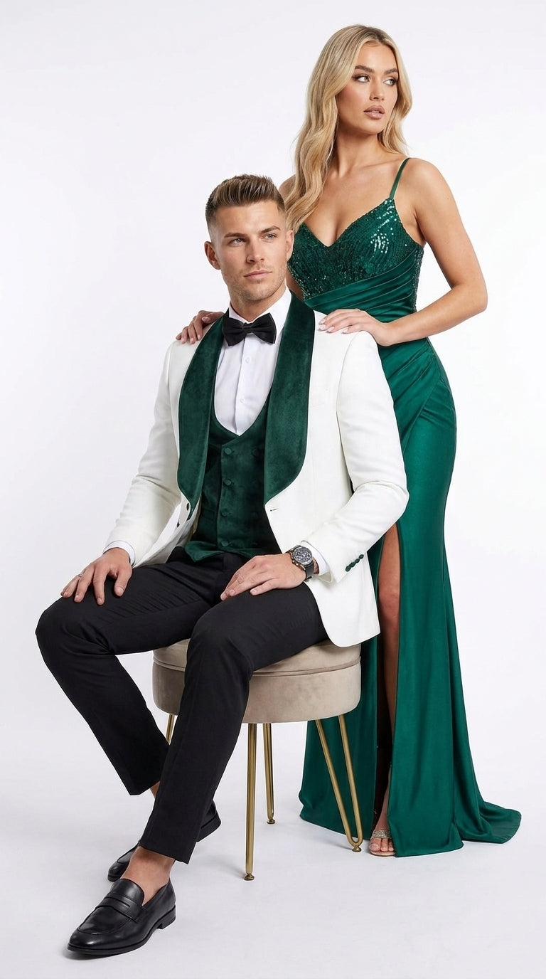 Mens Green & White Tuxedo with Black Pants – Velvet Shawl Lapel 3-Piece Wedding Suit - 34 Short or Extra Small