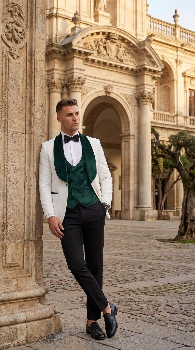 Mens Green & White Tuxedo with Black Pants – Velvet Shawl Lapel 3-Piece Wedding Suit - 34 Short or Extra Small