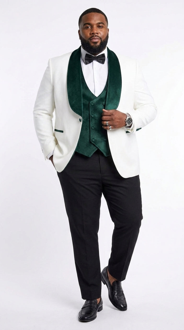 Mens Green & White Tuxedo with Black Pants – Velvet Shawl Lapel 3-Piece Wedding Suit - 34 Short or Extra Small