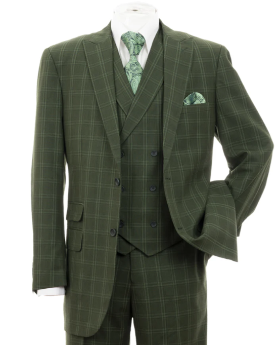 Mens Green Windowpane Blazer – Two-Button Plaid Sport Coat for Weddings, Business and Modern Fit - 36 Short