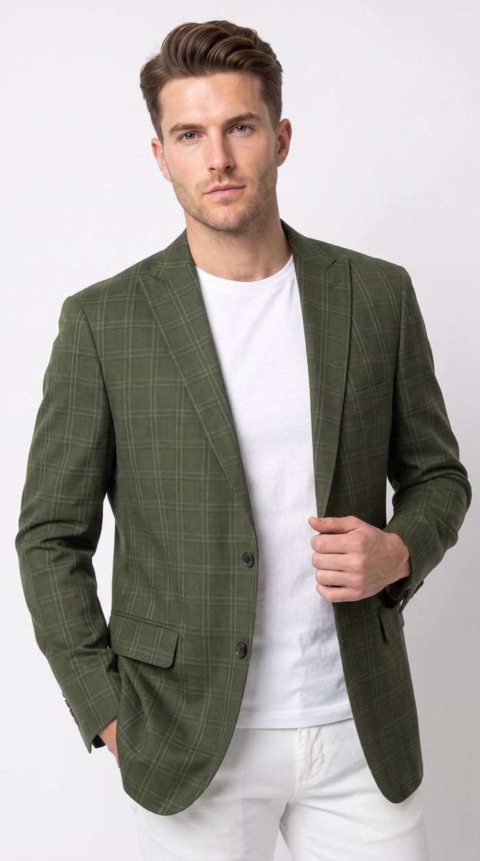 Mens Green Windowpane Blazer – Two-Button Plaid Sport Coat for Weddings, Business and Modern Fit