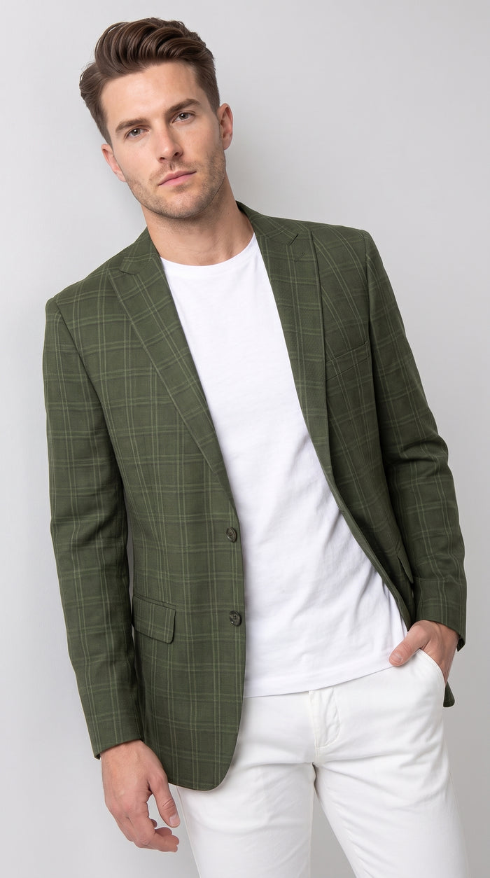 Mens Green Windowpane Blazer – Two-Button Plaid Sport Coat for Weddings, Business and Modern Fit