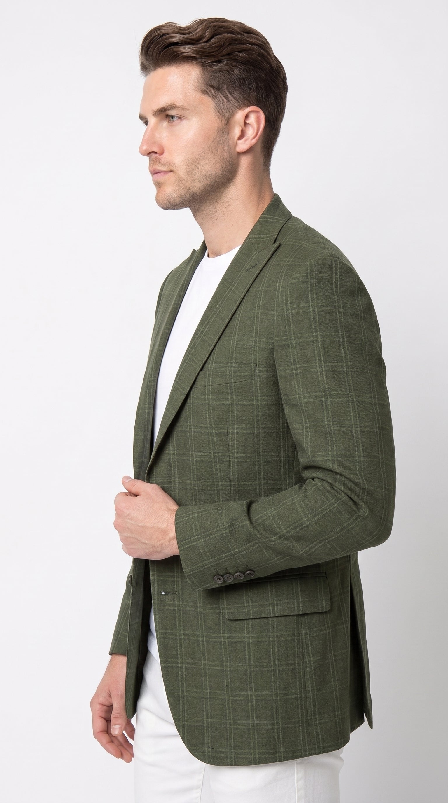 Mens Green Windowpane Blazer – Two-Button Plaid Sport Coat for Weddings, Business and Modern Fit - 36 Short
