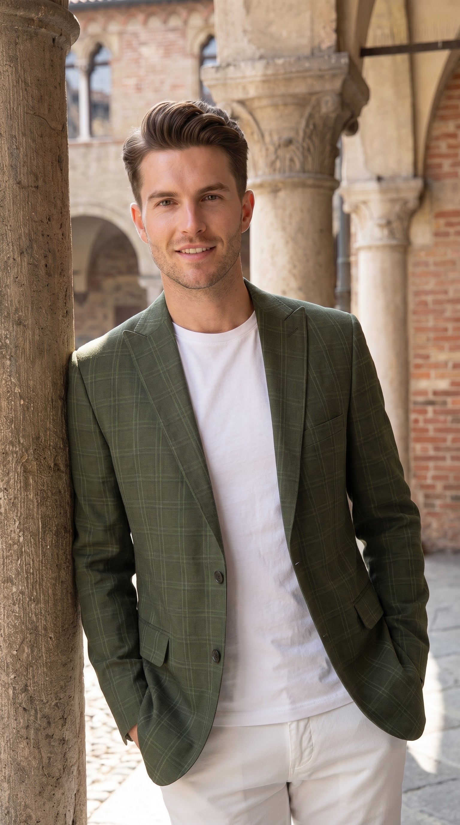 Mens Green Windowpane Blazer – Two-Button Plaid Sport Coat for Weddings, Business and Modern Fit - 36 Short