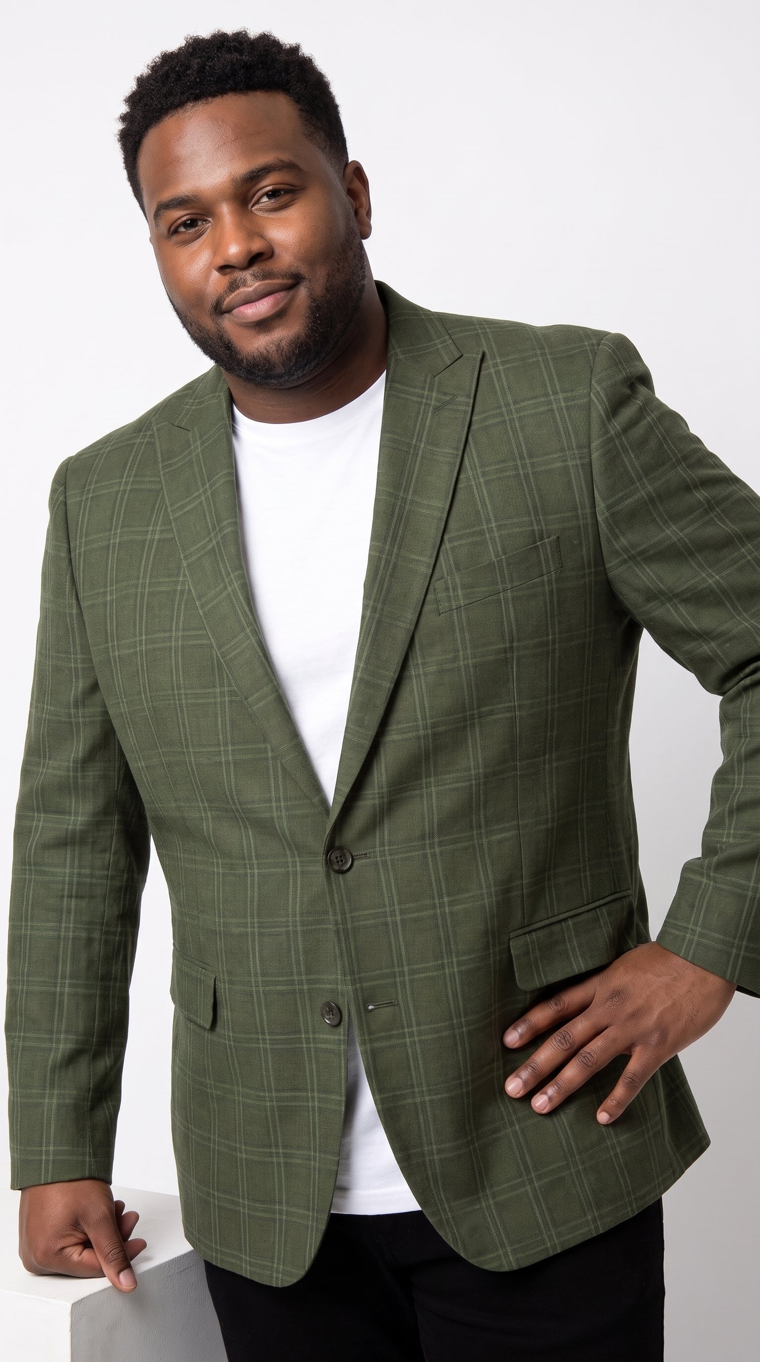 Mens Green Windowpane Blazer – Two-Button Plaid Sport Coat for Weddings, Business and Modern Fit - 36 Short