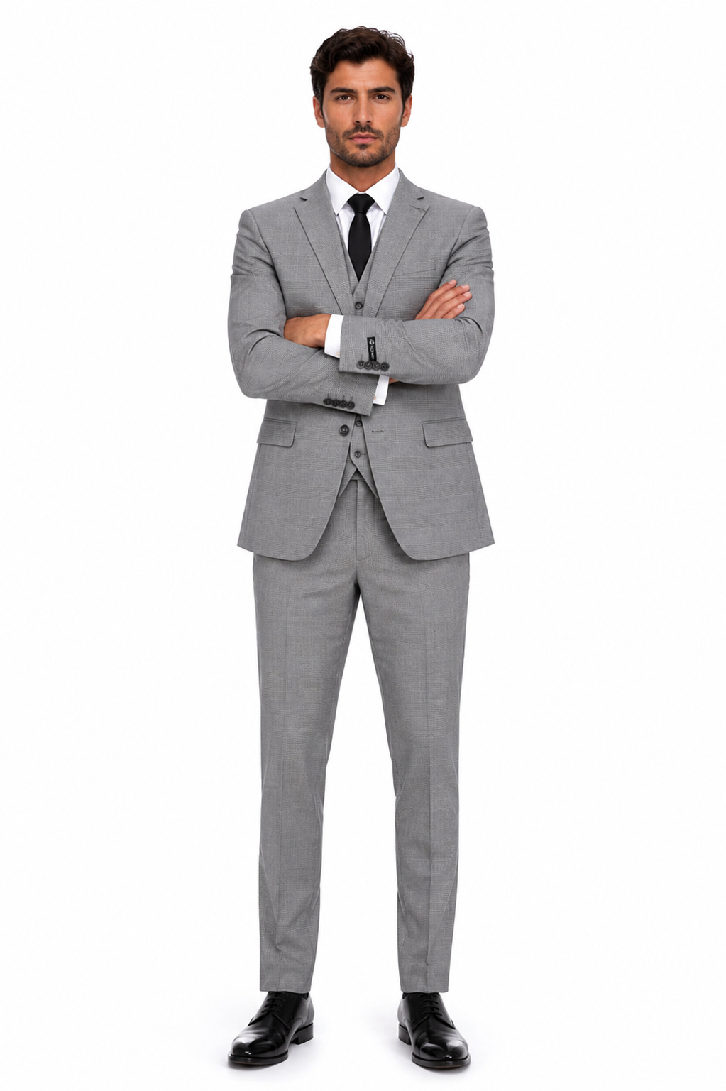 Men’s Grey Plaid 3-Piece Tailored Fit Suit with Vest - 34 Short or Extra Small