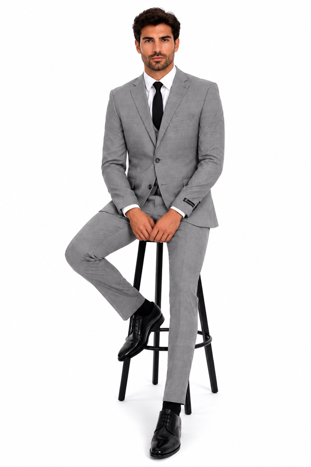 Men’s Grey Plaid 3-Piece Tailored Fit Suit with Vest - 34 Short or Extra Small