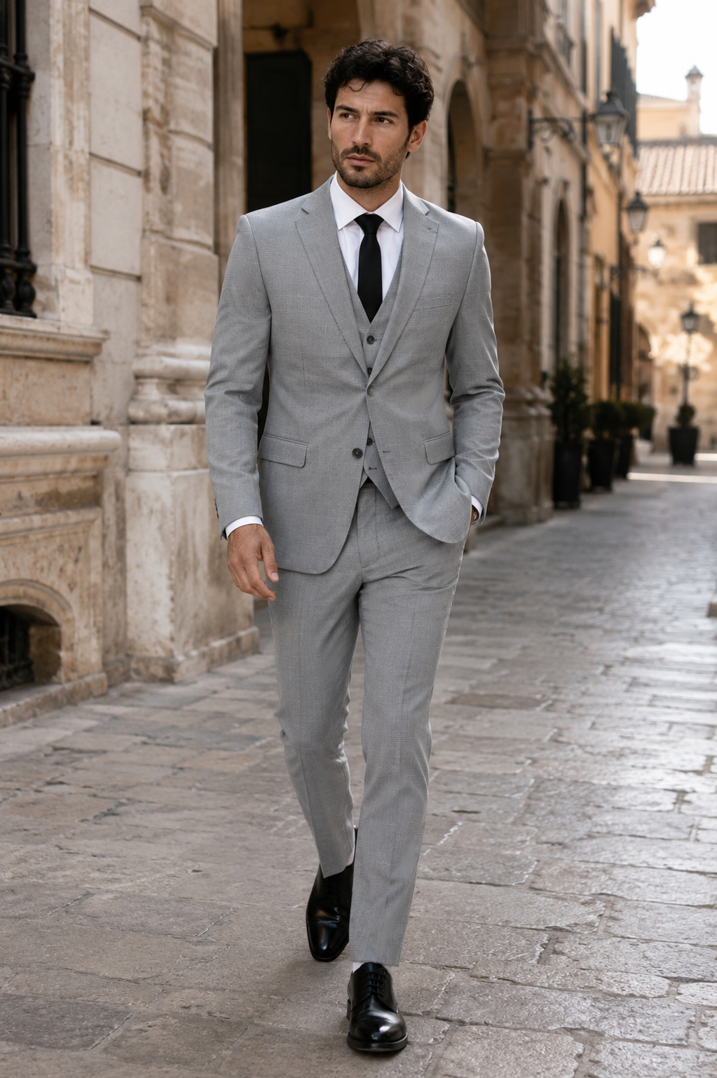 Men’s Grey Plaid 3-Piece Tailored Fit Suit with Vest - 34 Short or Extra Small