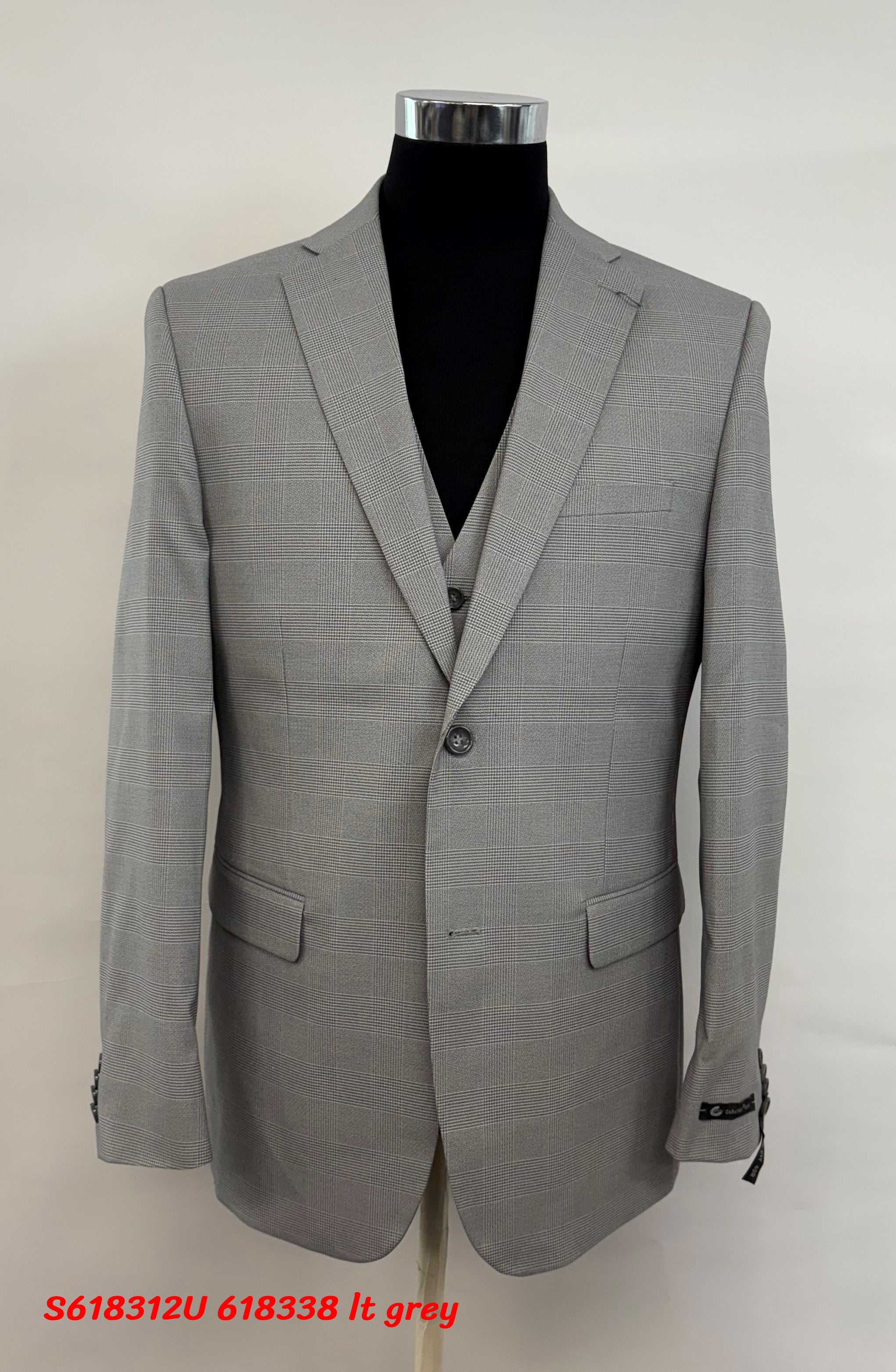 Men’s Grey Plaid 3-Piece Tailored Fit Suit with Vest - 34 Short or Extra Small