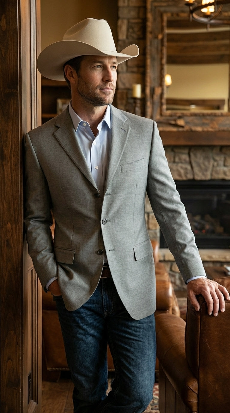 Mens Grey Western Three Button Blazer – Classic Cowboy Style Formal Jacket Business Casual Sport Coat - 34 Short