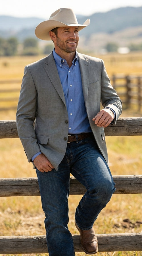Mens Grey Western Three Button Blazer – Classic Cowboy Style Formal Jacket Business Casual Sport Coat