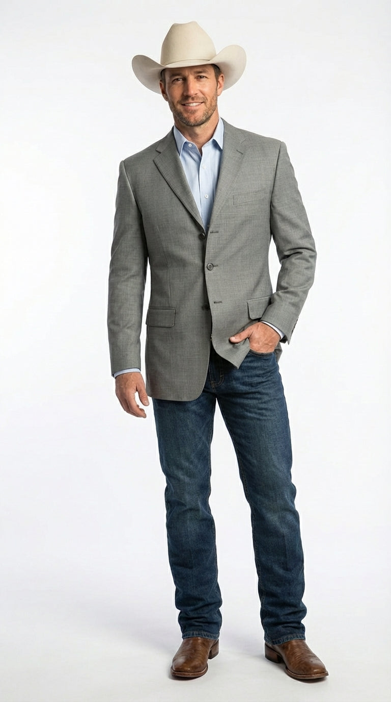 Mens Grey Western Three Button Blazer – Classic Cowboy Style Formal Jacket Business Casual Sport Coat - 34 Short