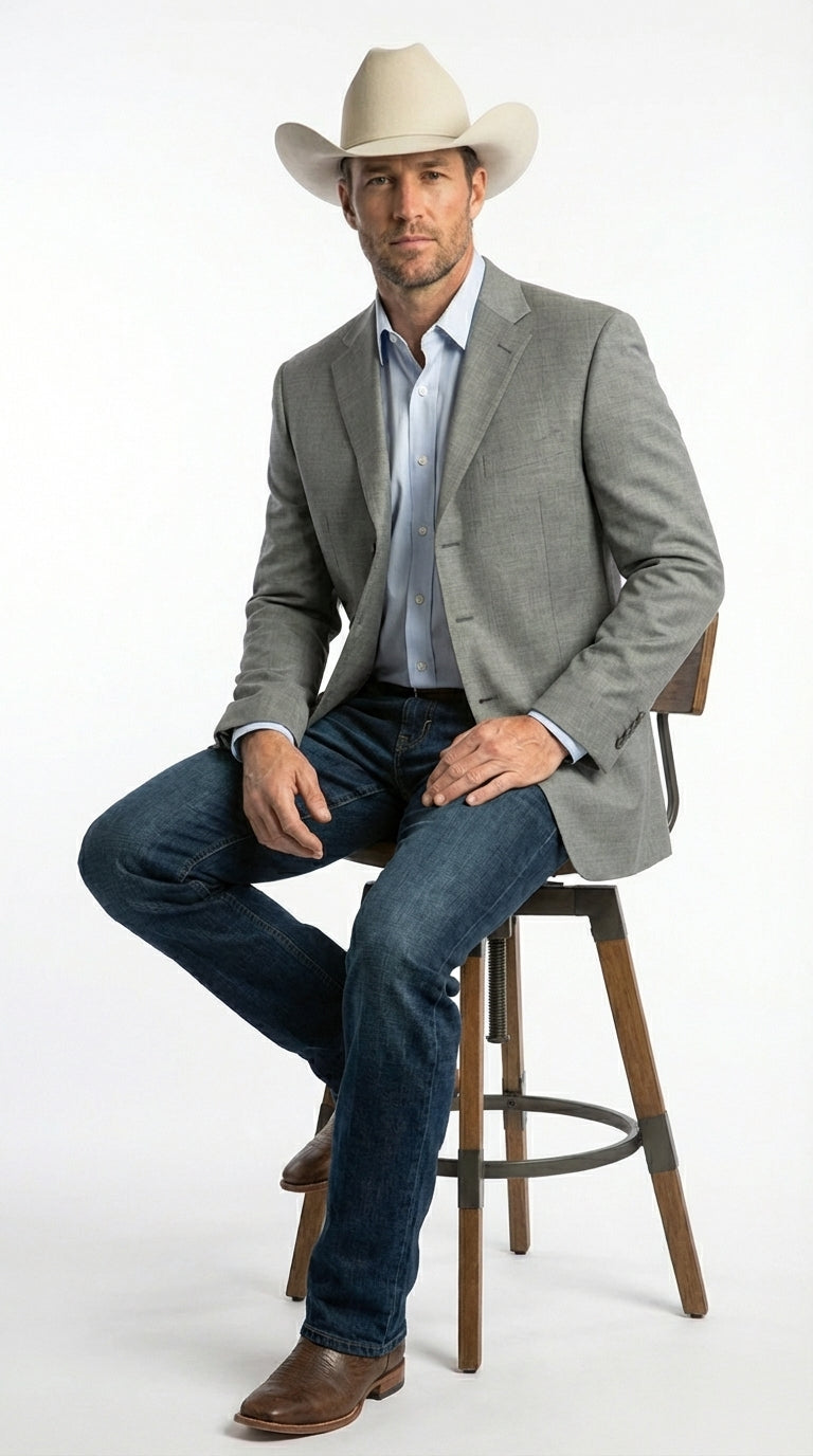 Mens Grey Western Three Button Blazer – Classic Cowboy Style Formal Jacket Business Casual Sport Coat - 34 Short