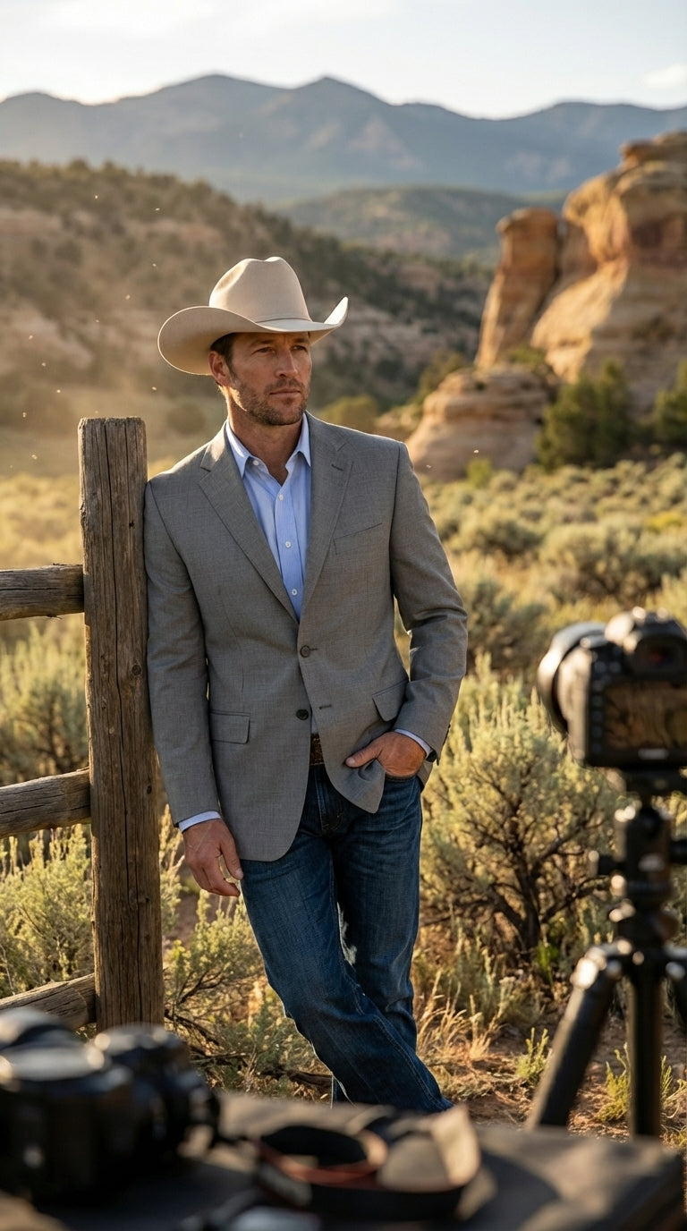 Mens Grey Western Three Button Blazer – Classic Cowboy Style Formal Jacket Business Casual Sport Coat - 34 Short