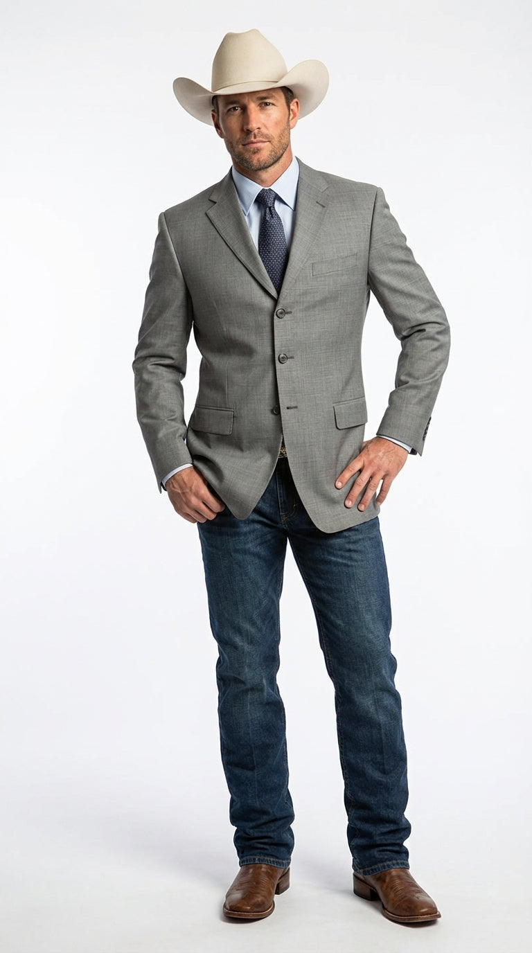 Mens Grey Western Three Button Blazer – Classic Cowboy Style Formal Jacket Business Casual Sport Coat - 34 Short