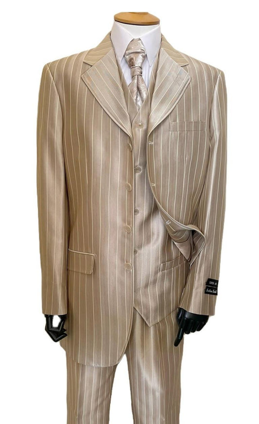 Zoot Suit - Shiny Gold Champaign Mens Harlem Gangster Suit 1920s Tan Stripe Fortino 2911V