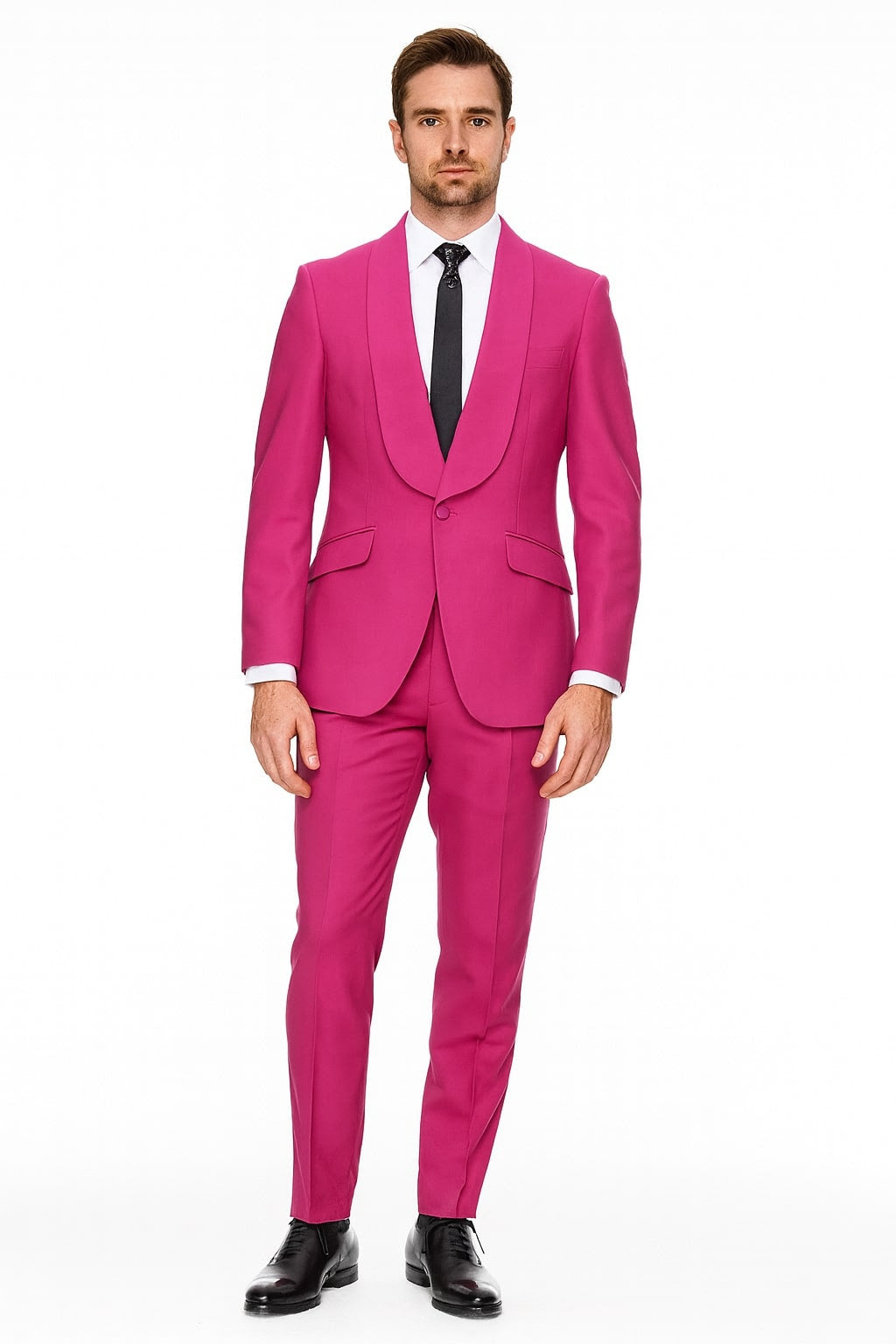 Mens Hot Pink Tuxedo Dinner Jacket + Pants with Shawl Lapel Slim Fit 2-Piece Suit for Weddings, Proms Suit in Fuchsia Colors - 36 Regular